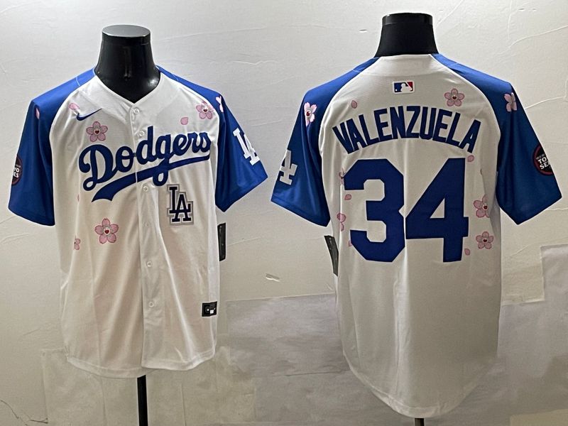 Men Los Angeles Dodgers #34 Valenzuela White Blue Sakura Edition 2025 Nike MLB Jersey style 9->los angeles dodgers->MLB Jersey